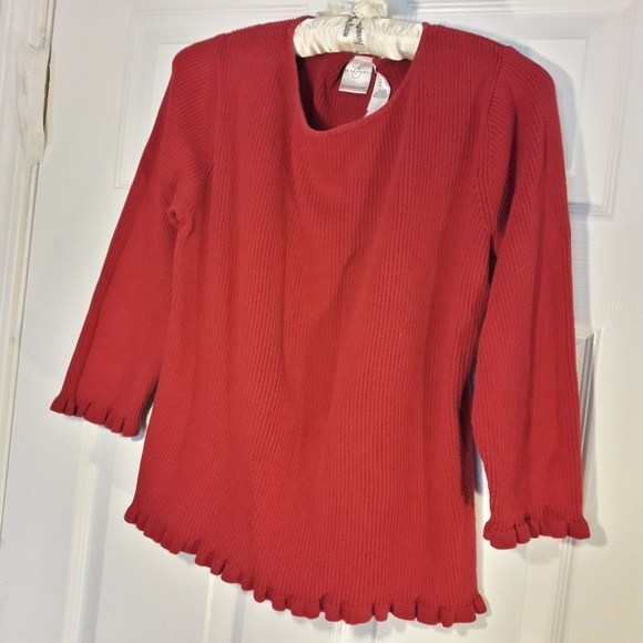 Red Sweater Vintage Cotton Knit Ruffle Edge Trim - Picture 7 of 8